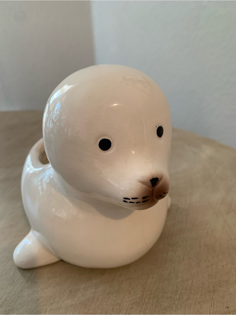 Ceramic Seal Figurine Planter - White with Brown Accents